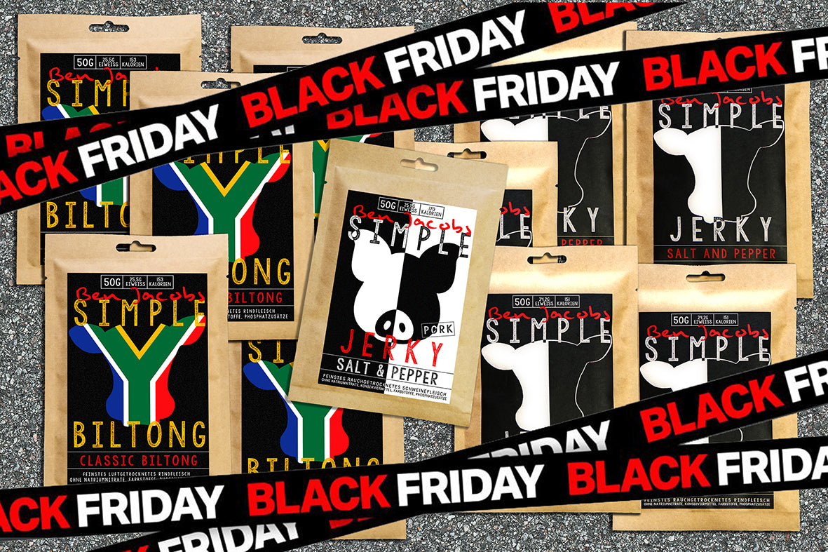 5 x 50g Beef Jerky + 5 x 50g Biltong + 1 gratis pose med Pork Jerky