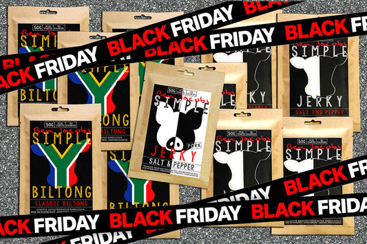 5 x 50g Beef Jerky + 5 x 50g Biltong + 1 gratis pose med Pork Jerky