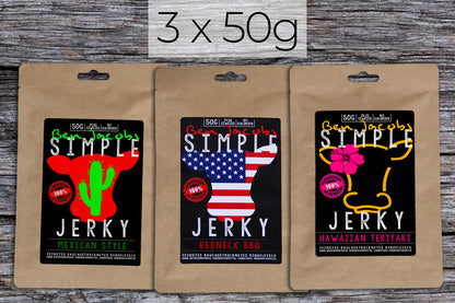 Simple Jerky Spicy Box – Beef Jerky aus österreichischem Rindfleisch mit den Sorten Hawaiian Teriyaki, Mexican Style und Redneck BBQ.